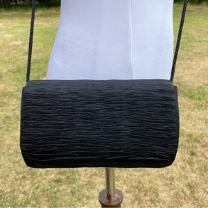 LA REGALE BAG SHOULDER CROSSBODY BLACK SATIN BOX LONG CORD STRAP FLAP VINTAGE